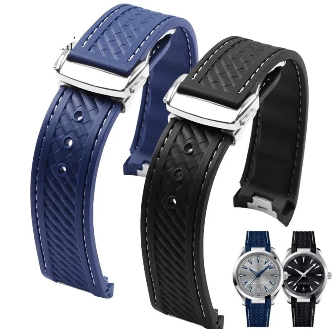 Rubber Watch Strap For Omega Aqua Terra AT150 20mm 19mm Nylon Stitched Curve end