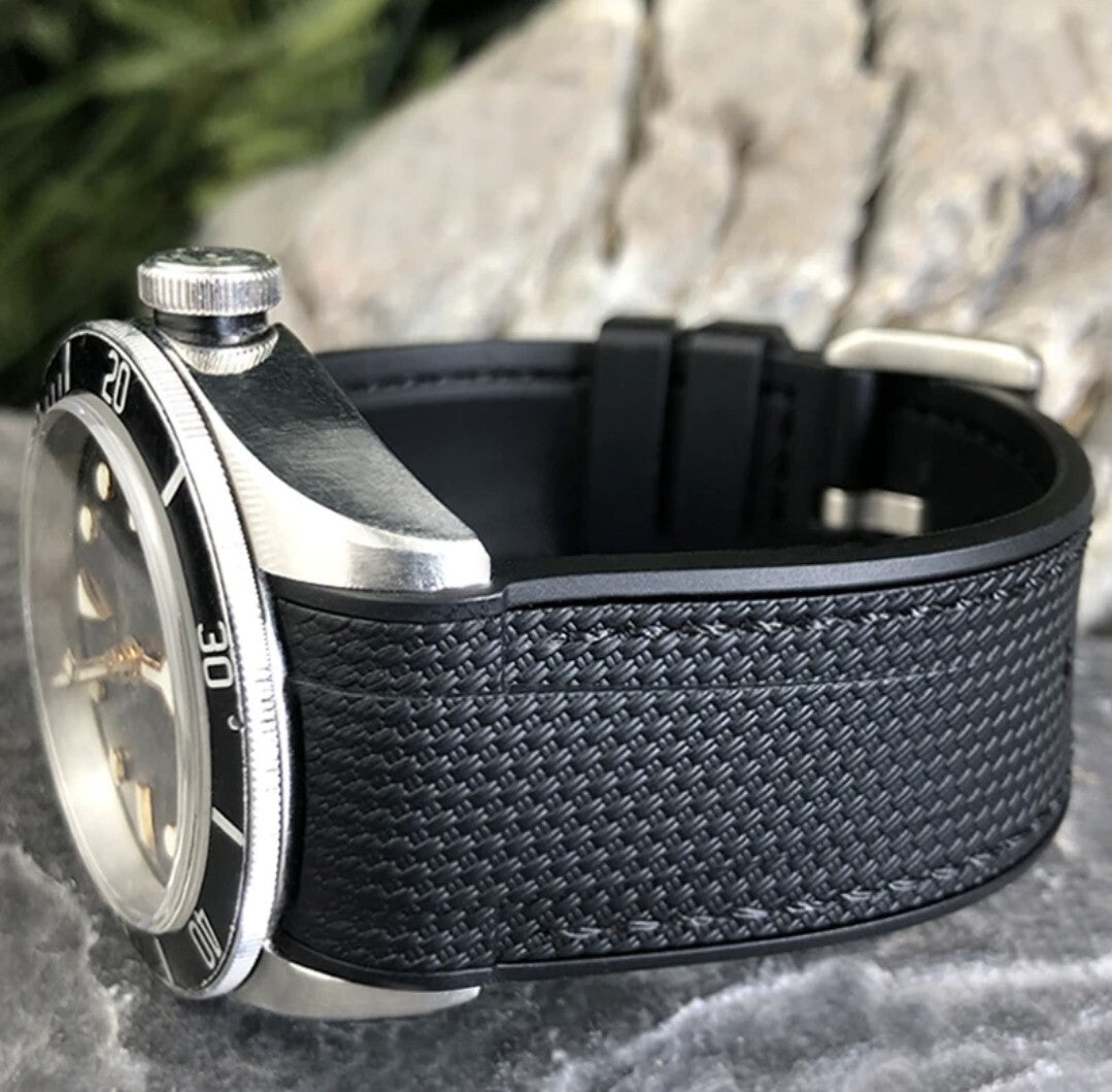 Rubber Watch Strap For Tudor Black Bay 41 and Tudor bronze 22/23mm Curved End Nylon Stitch