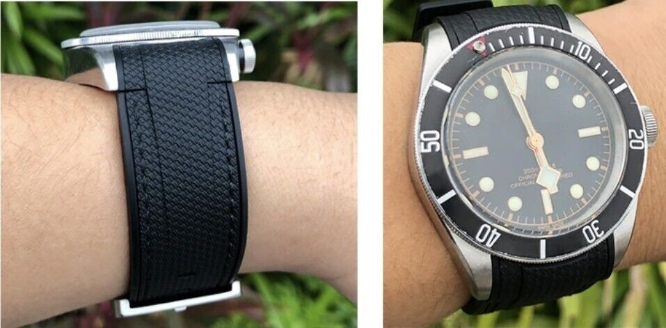 Rubber Watch Strap For Tudor Black Bay 41 and Tudor bronze 22/23mm Curved End Nylon Stitch