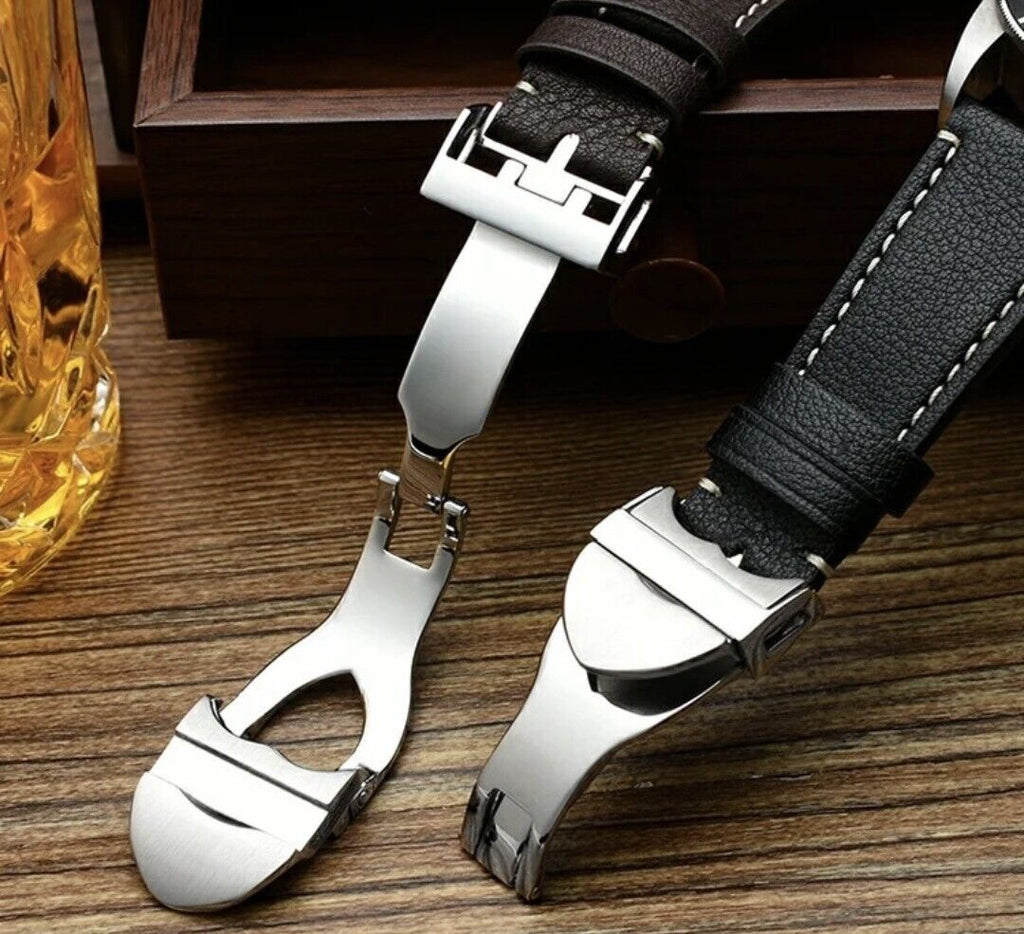 Leather Watch Strap For Tudor Black Bay Deployant Butterfly Clasp Buckle
