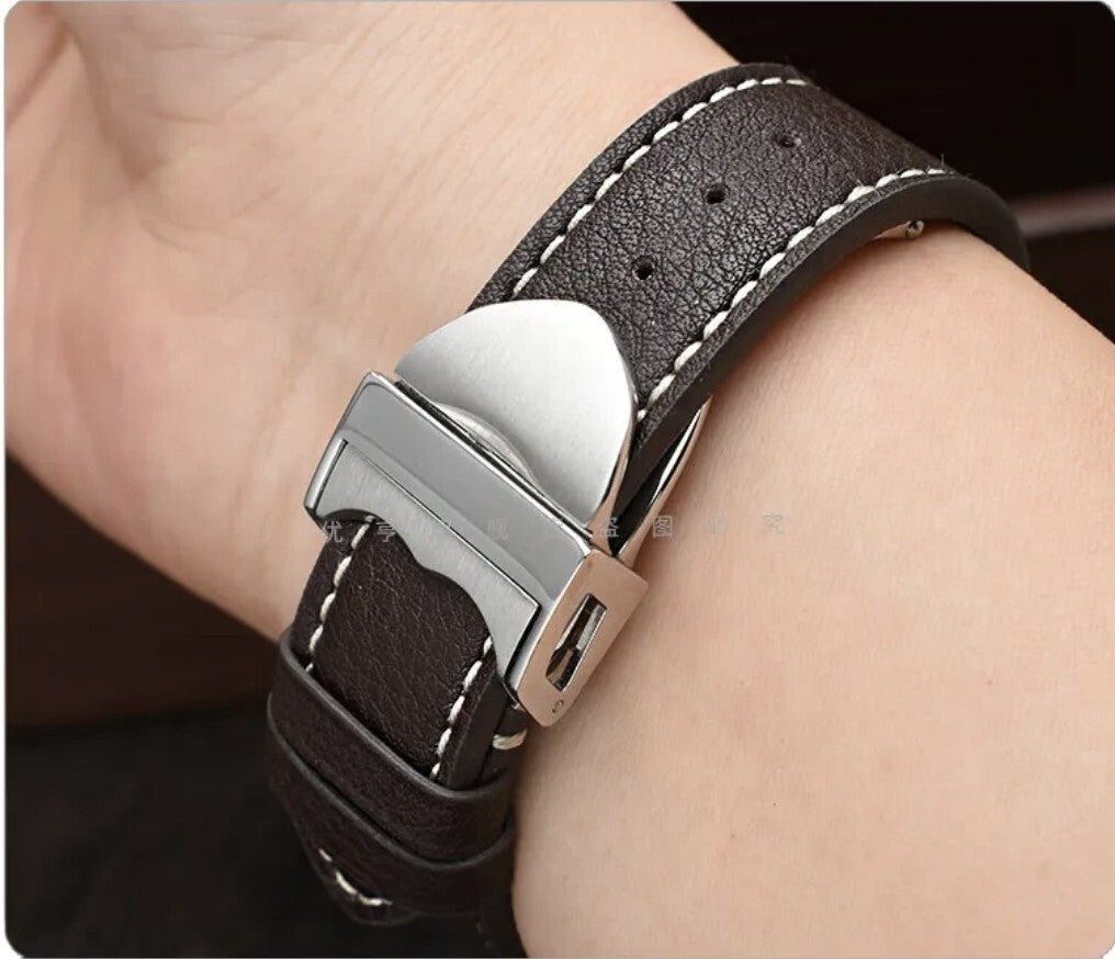 Leather Watch Strap For Tudor Black Bay Deployant Butterfly Clasp Buckle