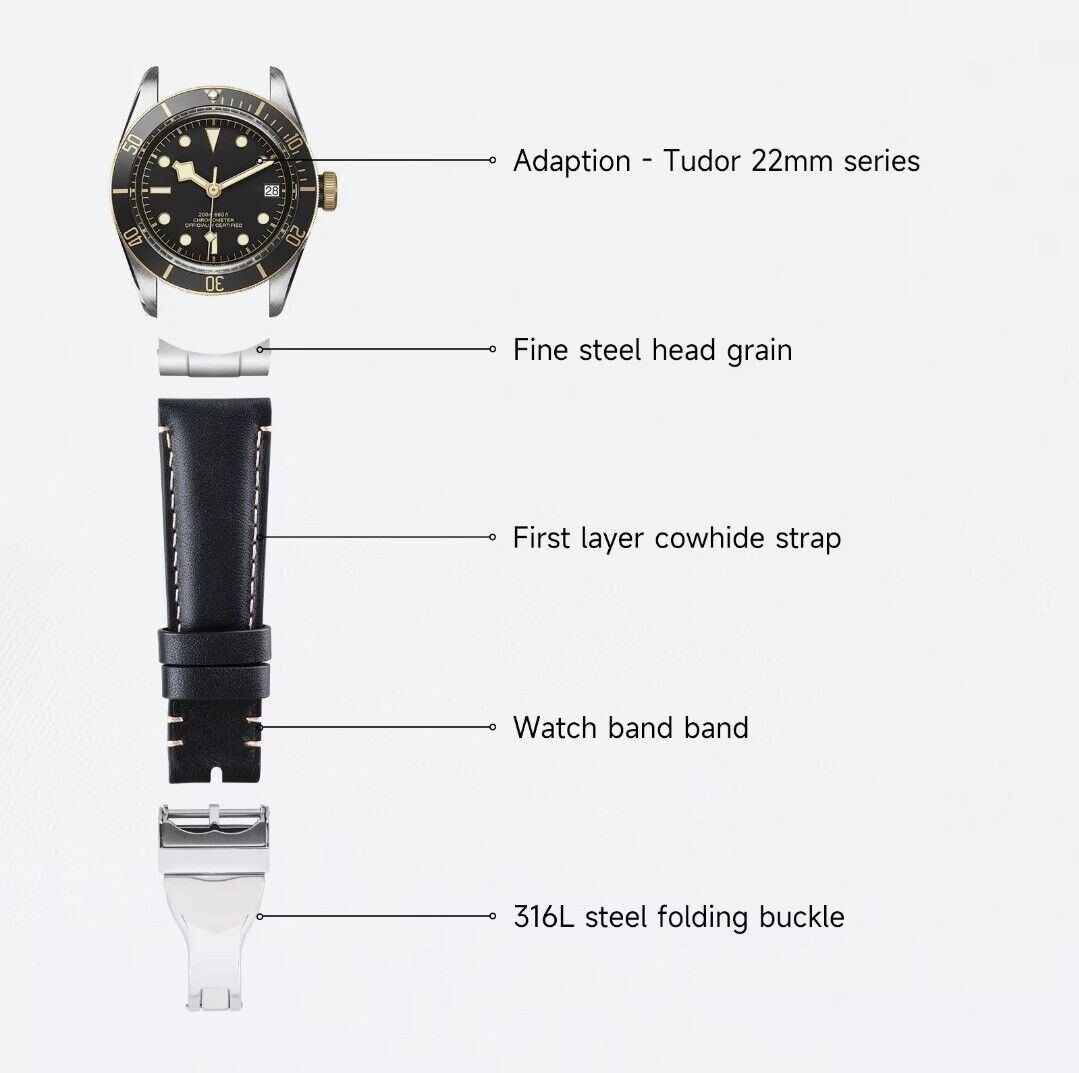 Leather Watch Strap For Tudor Black Bay Metal End Link Deployant clasp 22mm