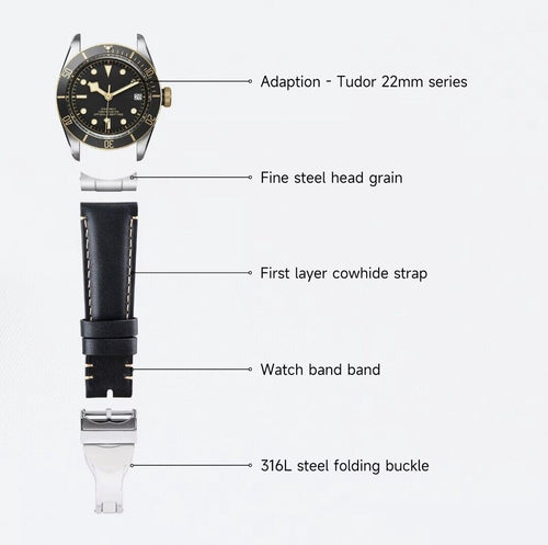 Leather Watch Strap For Tudor Black Bay Metal End Link Deployant clasp 22mm
